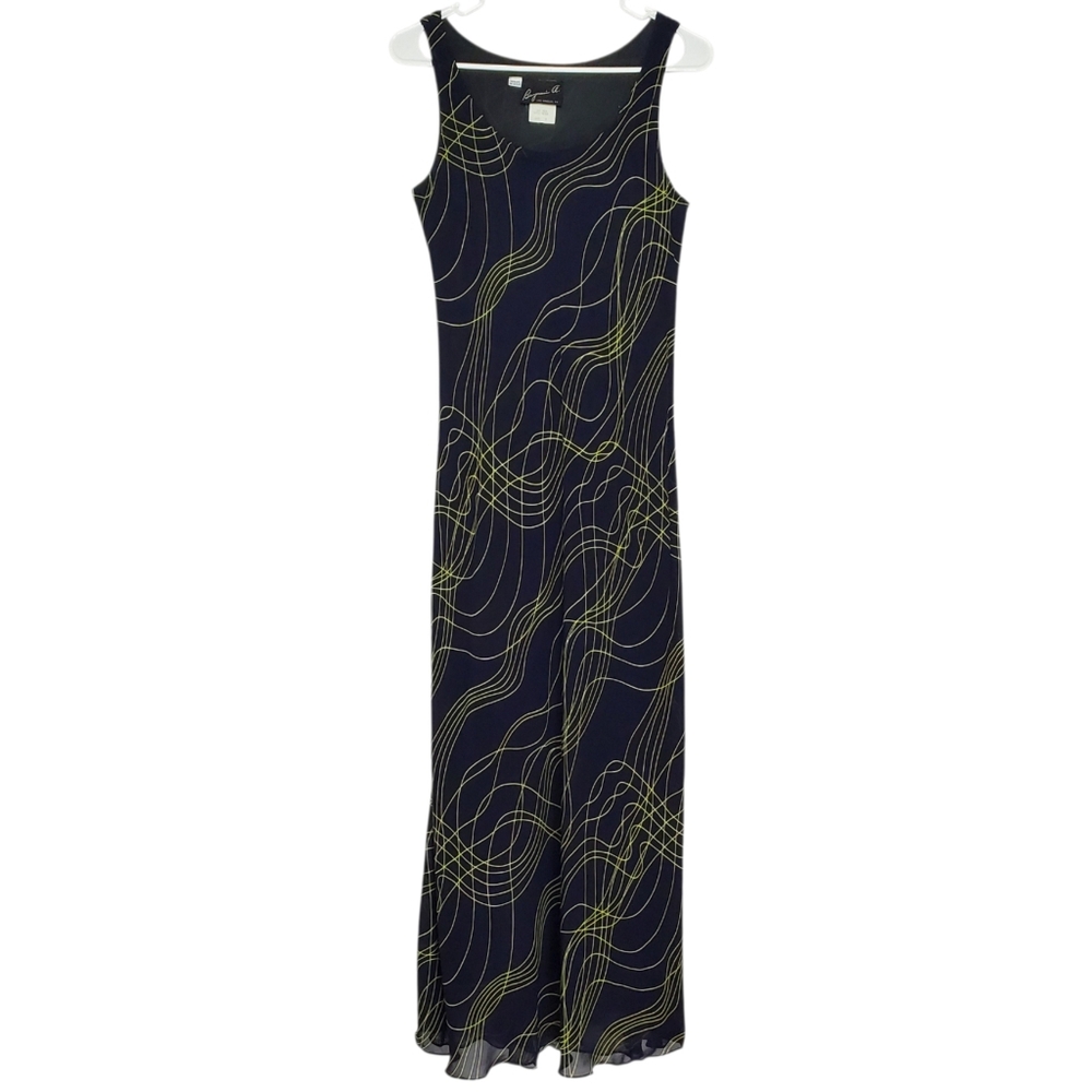 7606 * Benjamin A. Vintage Abstract Pinstripe Maxi Tank Dress Navy Lime Size 8